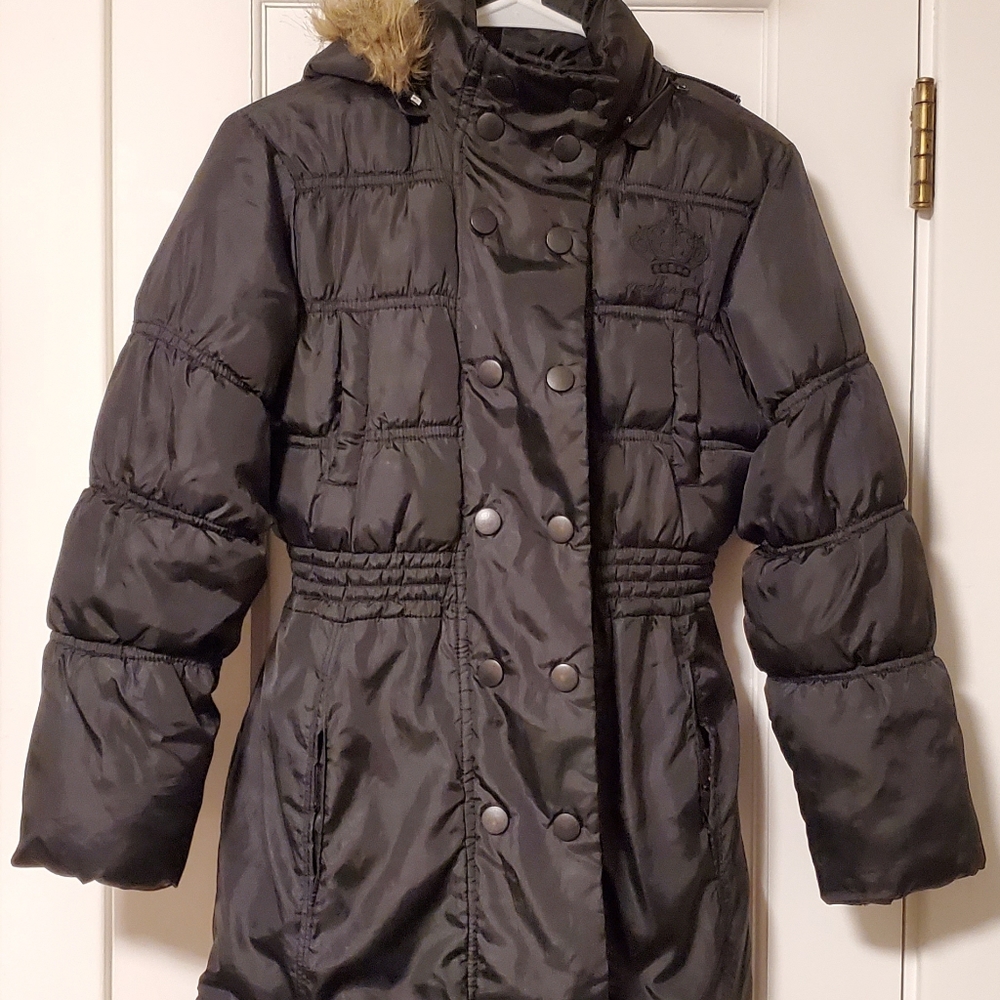 Steve Madden "Madden Girls" MEDIUM black puff coat with cinch waist, fur hood